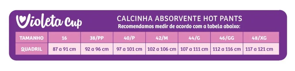 Calcinha absorvente para fluxo intenso: nova Hot Pant da Violeta Cup! 1 tabela de medidas hot pant 1
